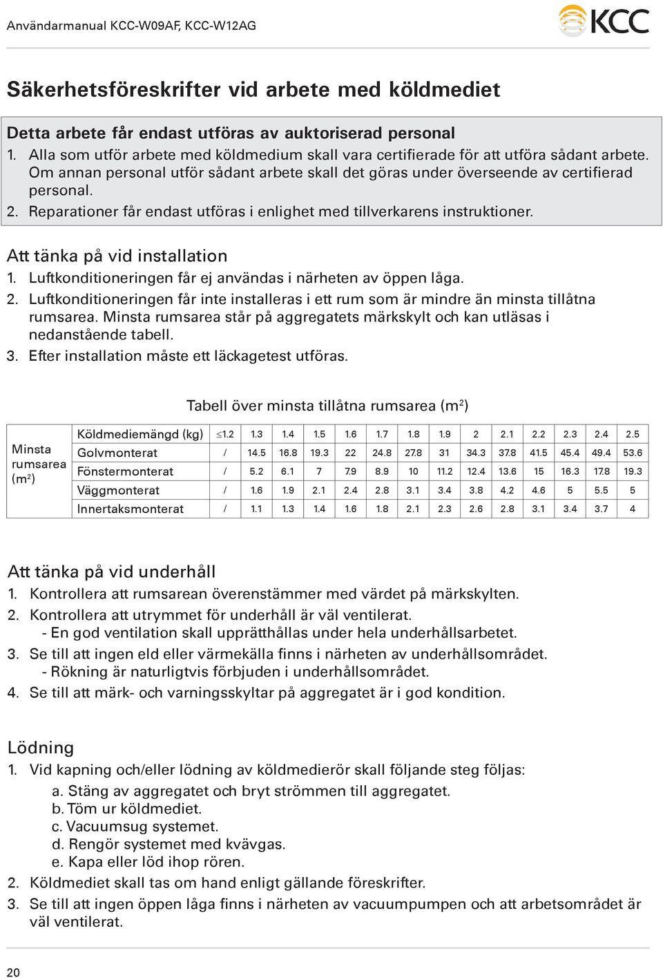 Att tänka på vid installation 1. Luftkonditioneringen får ej användas i närheten av öppen låga. 2. Luftkonditioneringen får inte installeras i ett rum som är mindre än minsta tillåtna rumsarea.