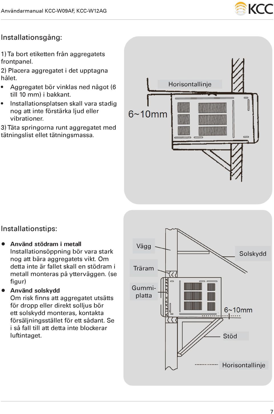 Horisontallinje Installationstips: Använd stödram i metall Installationsöppning bör vara stark nog att bära aggregatets vikt. Om detta inte är fallet skall en stödram i metall monteras på ytterväggen.