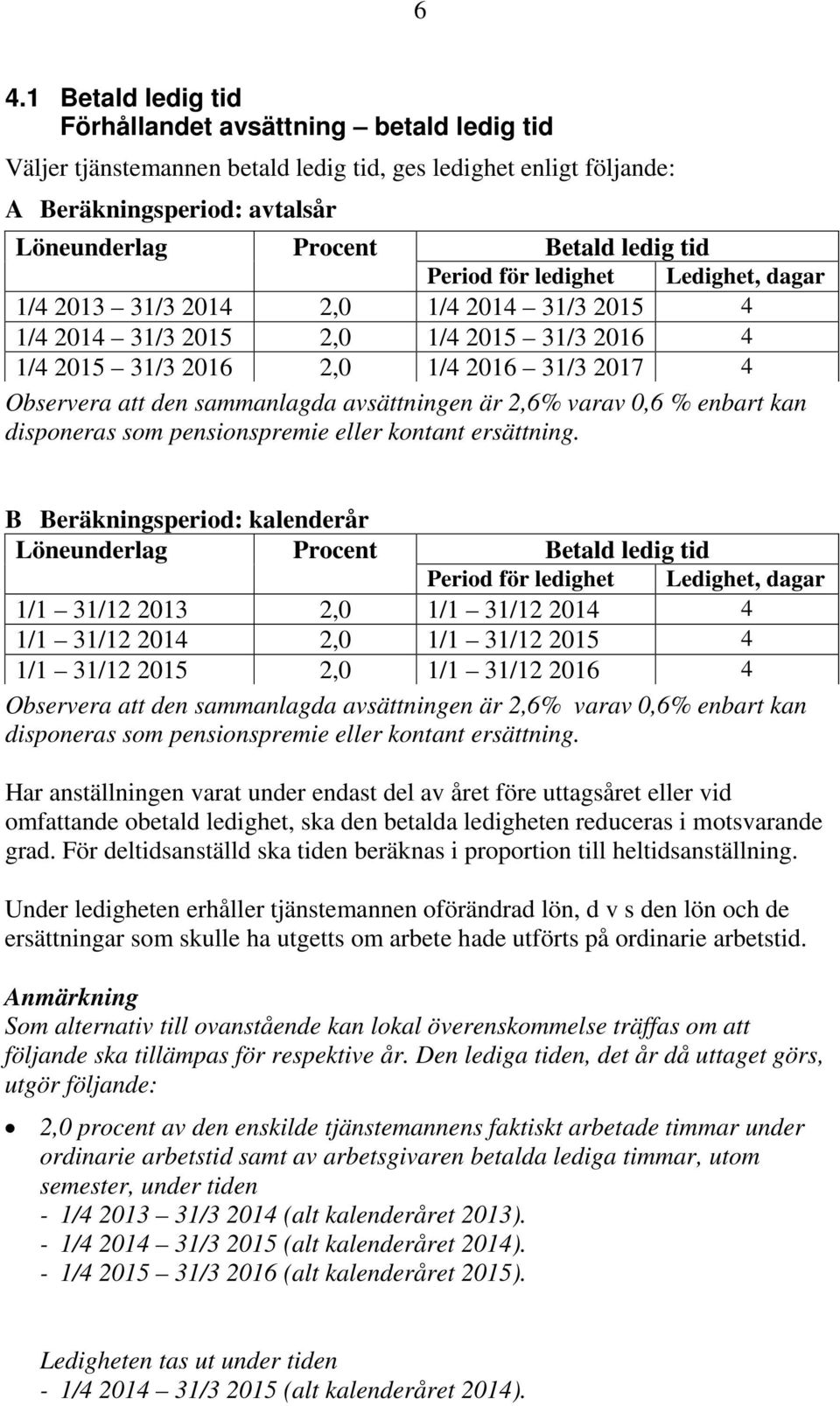 avsättningen är 2,6% varav 0,6 % enbart kan disponeras som pensionspremie eller kontant ersättning.