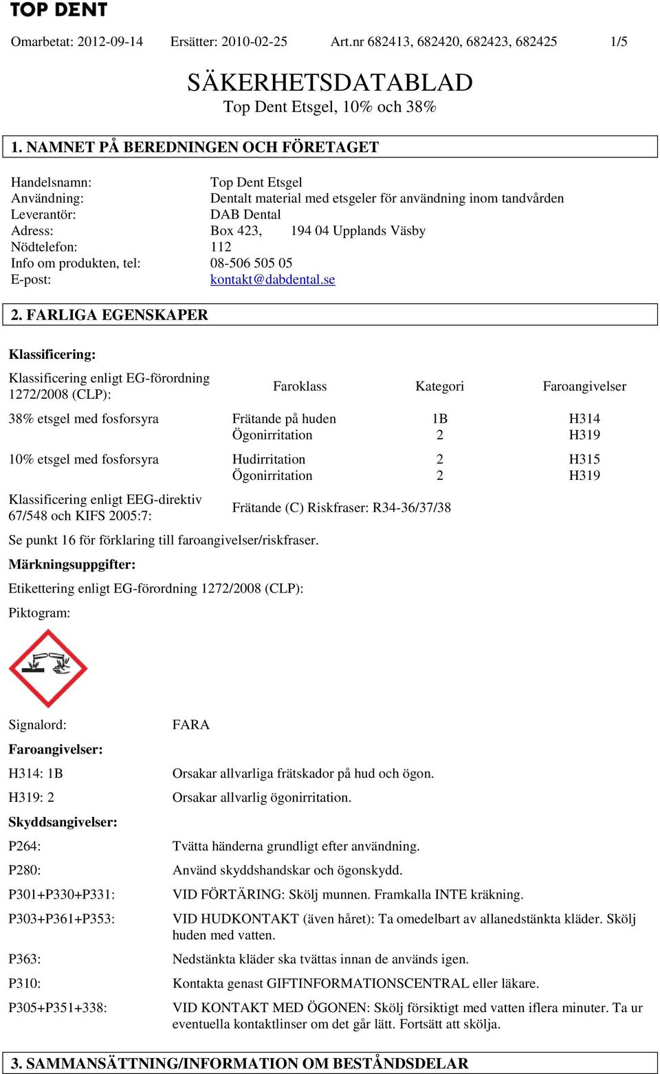 FARLIGA EGENSKAPER Klassificering: Klassificering enligt EG-förordning 17/008 (CLP): 38% etsgel med fosforsyra Frätande på huden Ögonirritation 10% etsgel med fosforsyra Hudirritation Ögonirritation