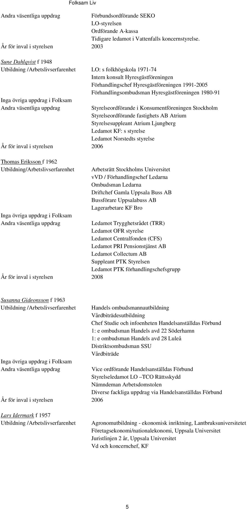 Hyresgästföreningen 1980-91 År för inval i styrelsen 2006 Thomas Eriksson f 1962 Utbildning/Arbetslivserfarenhet År för inval i styrelsen 2008 Styrelseordförande i Konsumentföreningen Stockholm