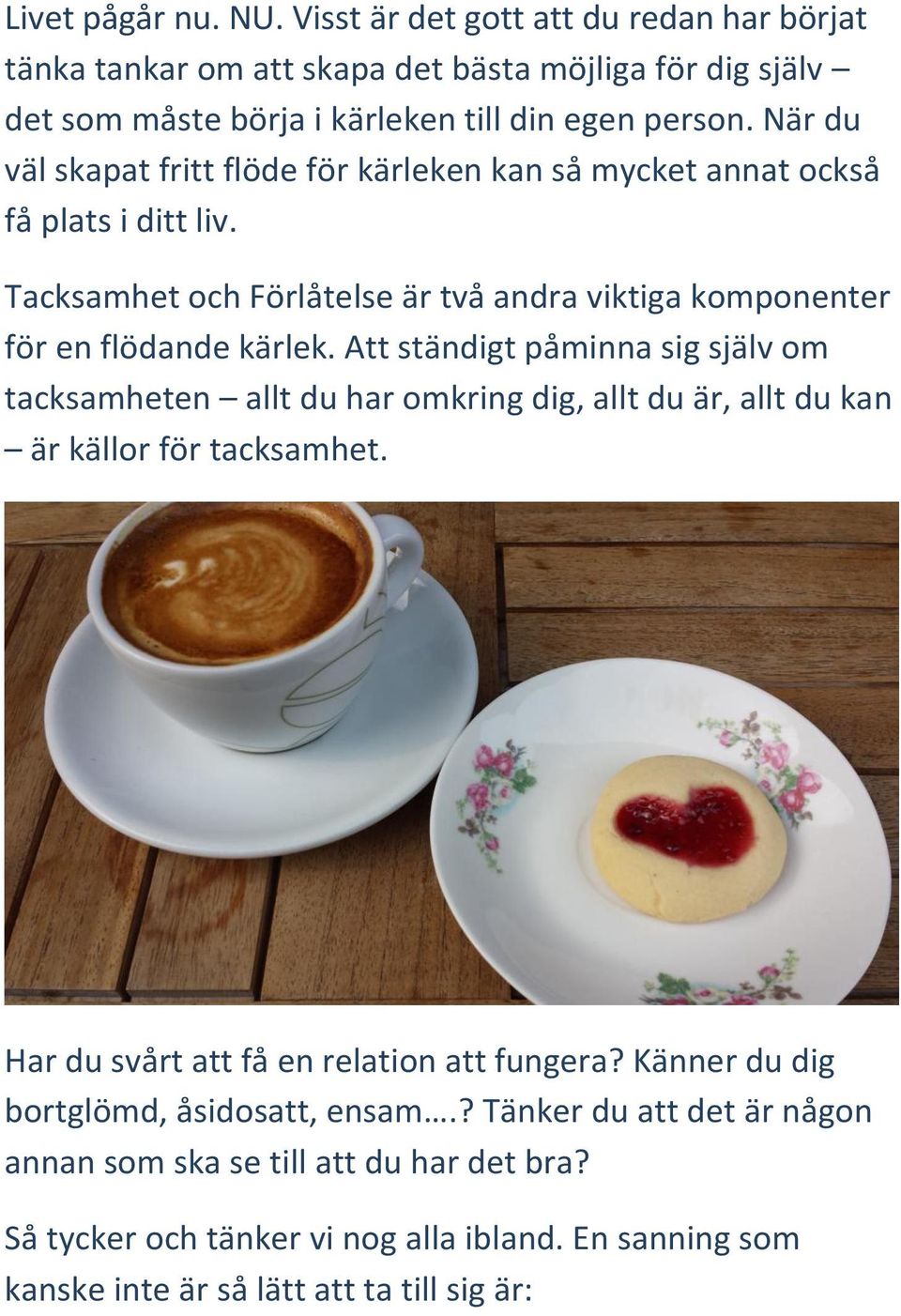 Att ständigt påminna sig själv om tacksamheten allt du har omkring dig, allt du är, allt du kan är källor för tacksamhet. Har du svårt att få en relation att fungera?