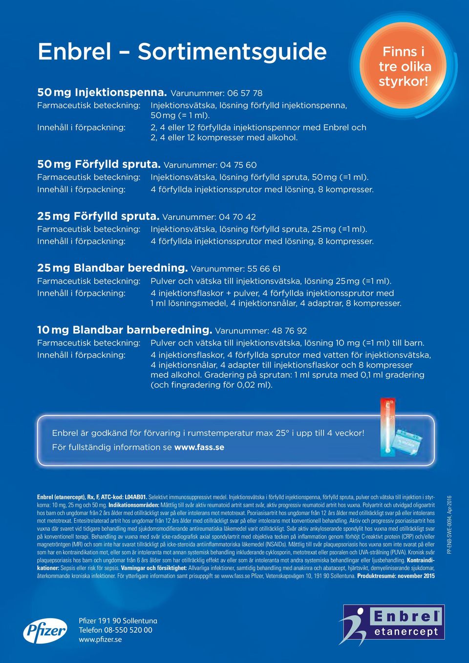 Varunummer: 04 75 60 Farmaceutisk beteckning: Injektionsvätska, lösning förfylld spruta, 50 mg (=1 ml). Innehåll i förpackning: 4 förfyllda injektionssprutor med lösning, 8 kompresser.