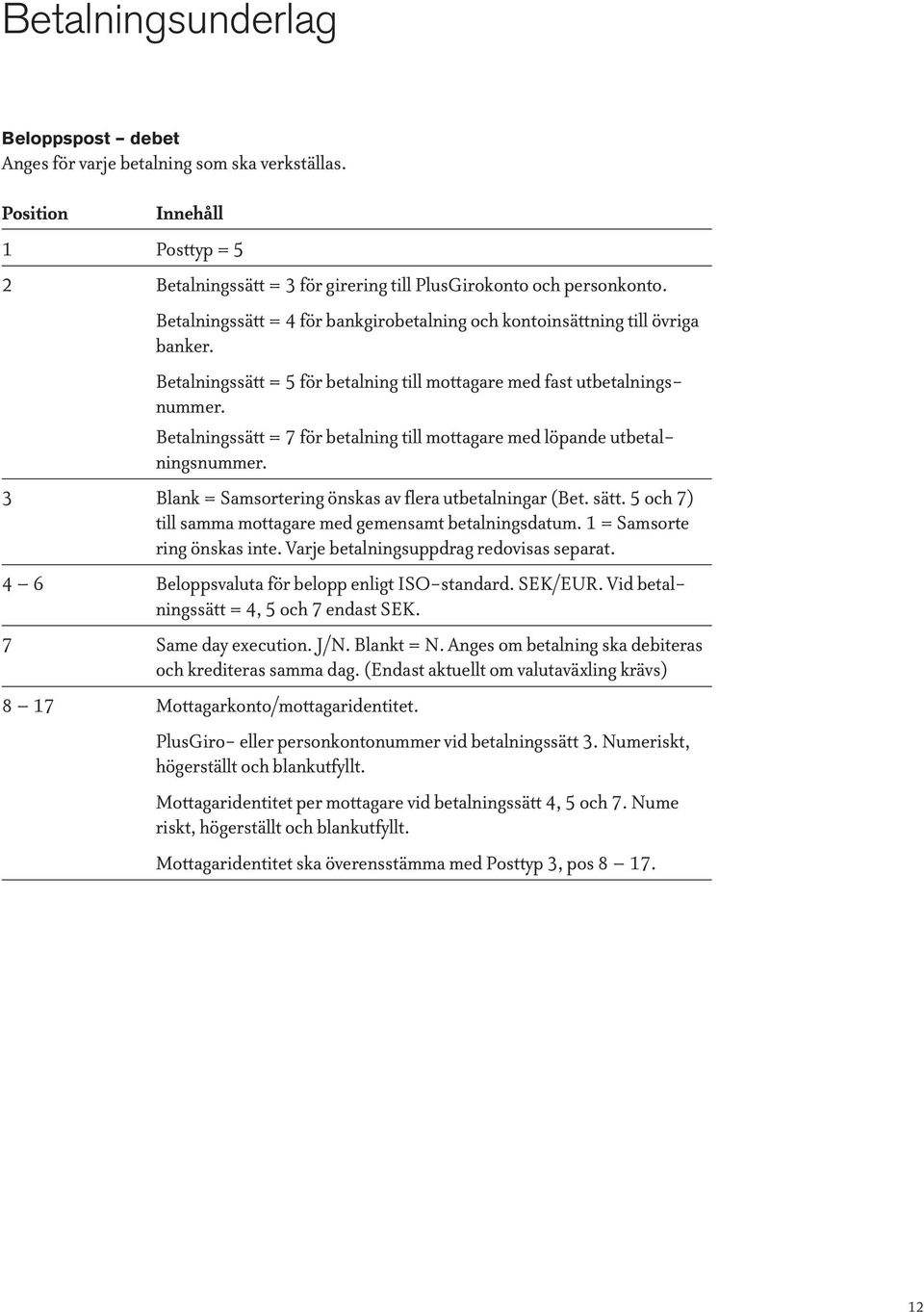 Betalningssätt = 7 för betalning till mottagare med löpande utbetalningsnummer. 3 Blank = Samsortering önskas av flera utbetalningar (Bet. sätt.