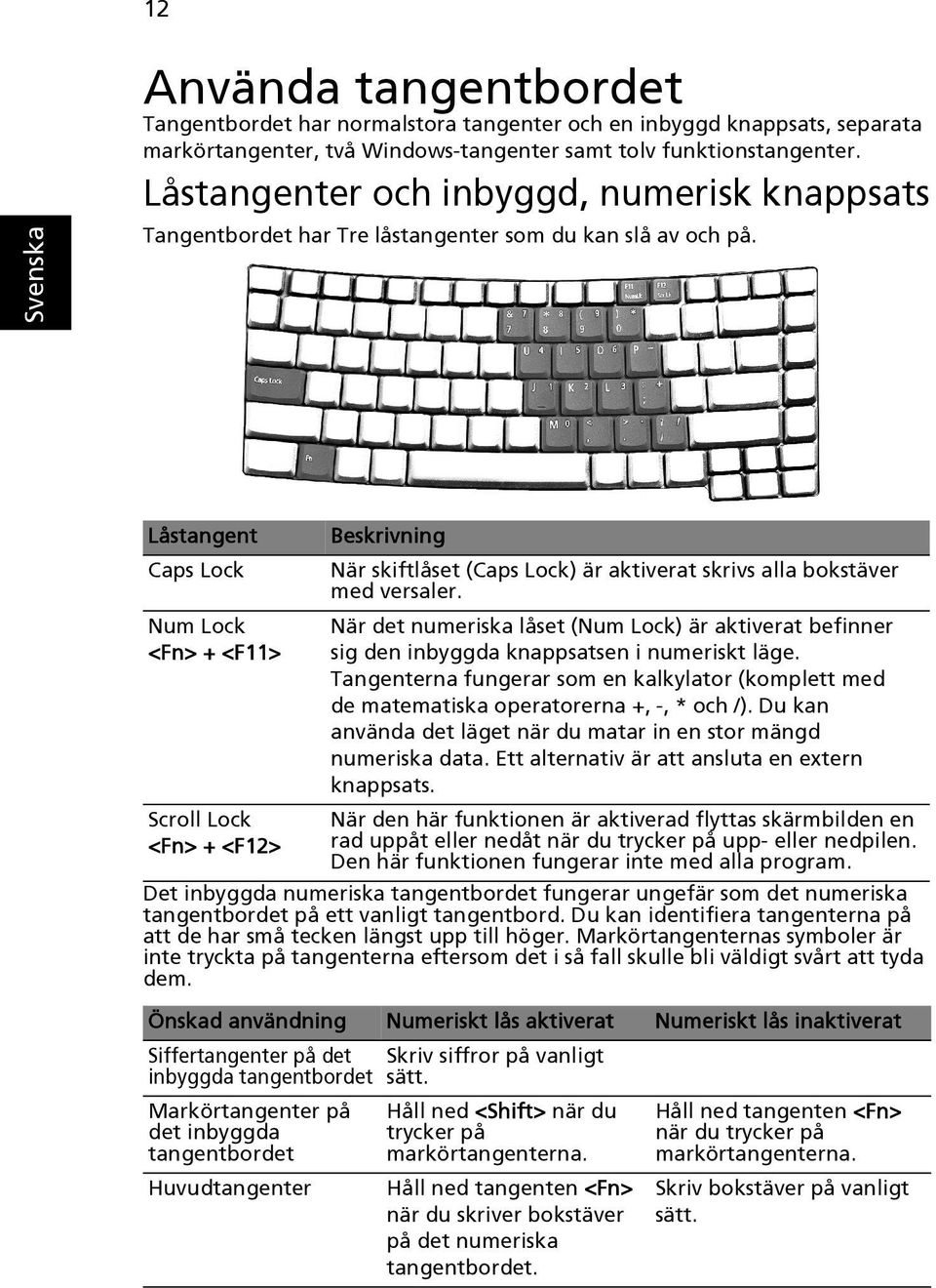 Låstangent Caps Lock Num Lock <Fn> + <F11> Scroll Lock <Fn> + <F12> Beskrivning När skiftlåset (Caps Lock) är aktiverat skrivs alla bokstäver med versaler.