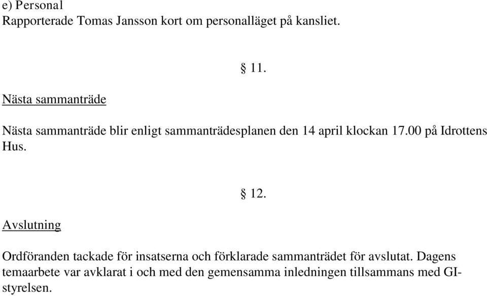 Avslutning 12. Ordföranden tackade för insatserna och förklarade sammanträdet för avslutat.