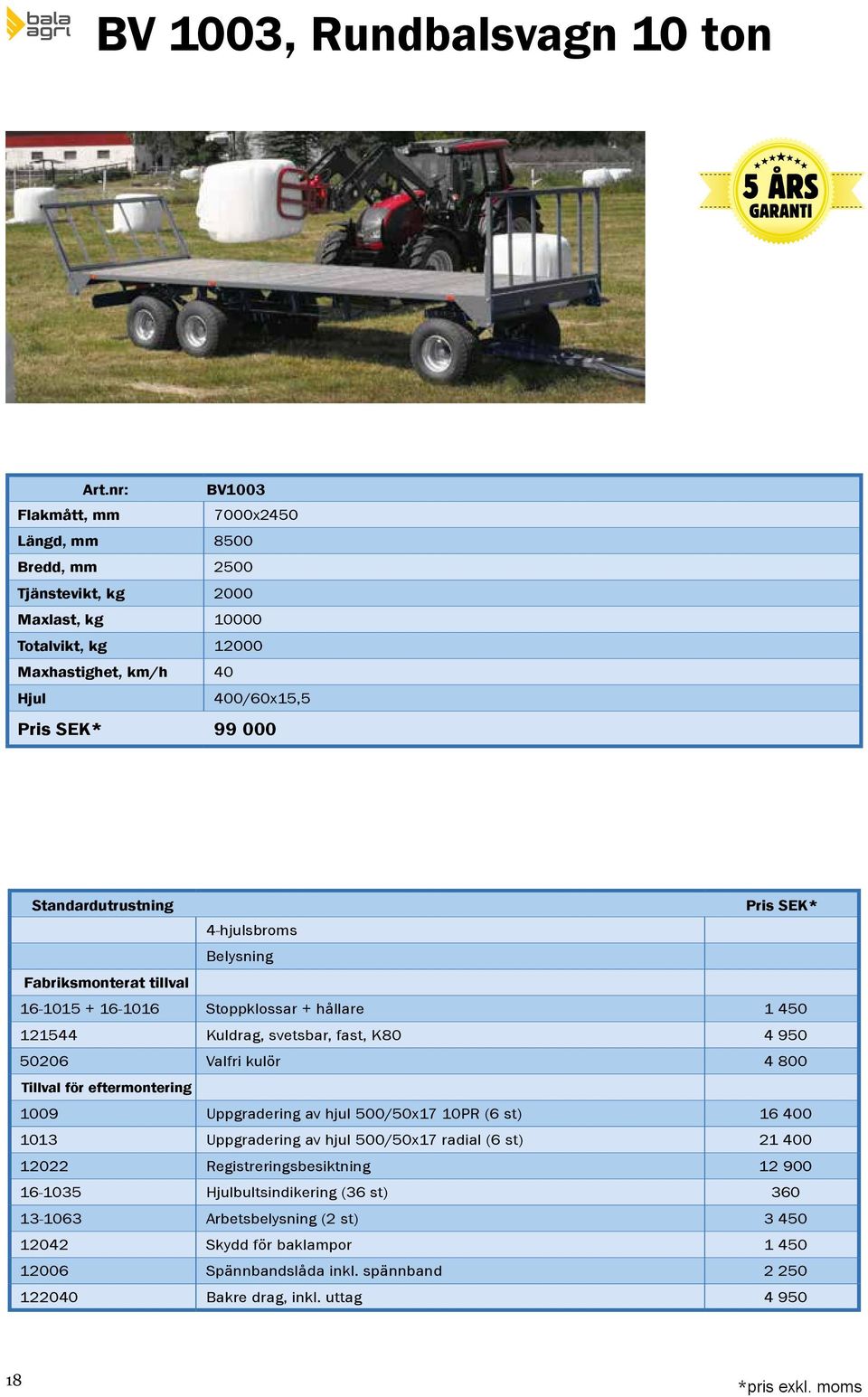 Totalvikt, kg 12000 400/60x15,5 99 000 1009 Uppgradering av hjul 500/50x17 10PR (6 st) 16 400