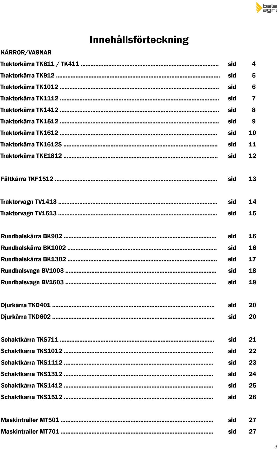 .. sid 14 Traktorvagn TV1613... sid 15 Rundbalskärra BK902... sid 16 Rundbalskärra BK1002... sid 16 Rundbalskärra BK1302... sid 17 Rundbalsvagn BV1003... sid 18 Rundbalsvagn BV1603.