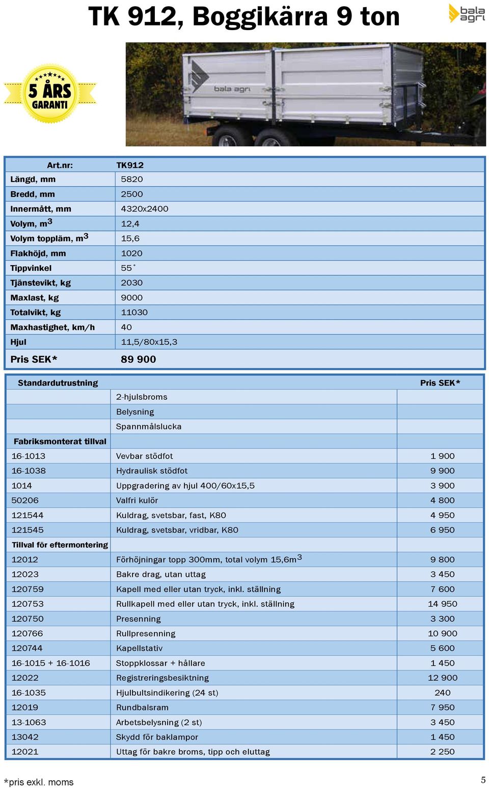 2-hjulsbroms Spannmålslucka 1014 Uppgradering av hjul 400/60x15,5 3 900 121545 Kuldrag, svetsbar, vridbar, K80 6 950 12012 Förhöjningar topp 300mm, total volym 15,6m 3 9 800 12023 Bakre drag,