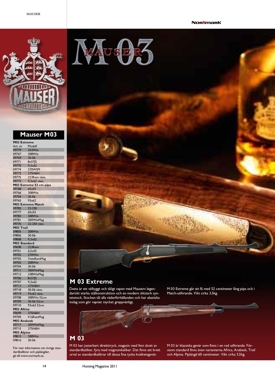 M03 Extreme 52 cm pipa 09768 65x55 09766 308Win 09764 30-06 09765 93x62 M03 Extreme Match 09782 22-250 09777 65x55 09783 308Win 09781 300WinMag 09776 22-250 väns.