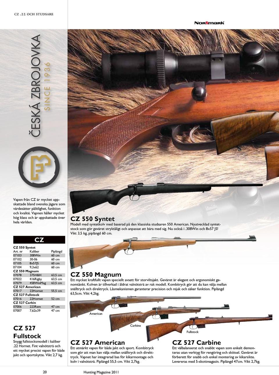 nr Kaliber Piplängd 07103 308Win 60 cm 07102 30-06 60 cm 07105 8x57JS 60 cm 07104 9,3x62 60 cm CZ 550 Magnum 07078 375H&H 63,5 cm 07022 416Rigby 63,5 cm 07079 458WinMag 63,5 cm CZ 527 American 07017