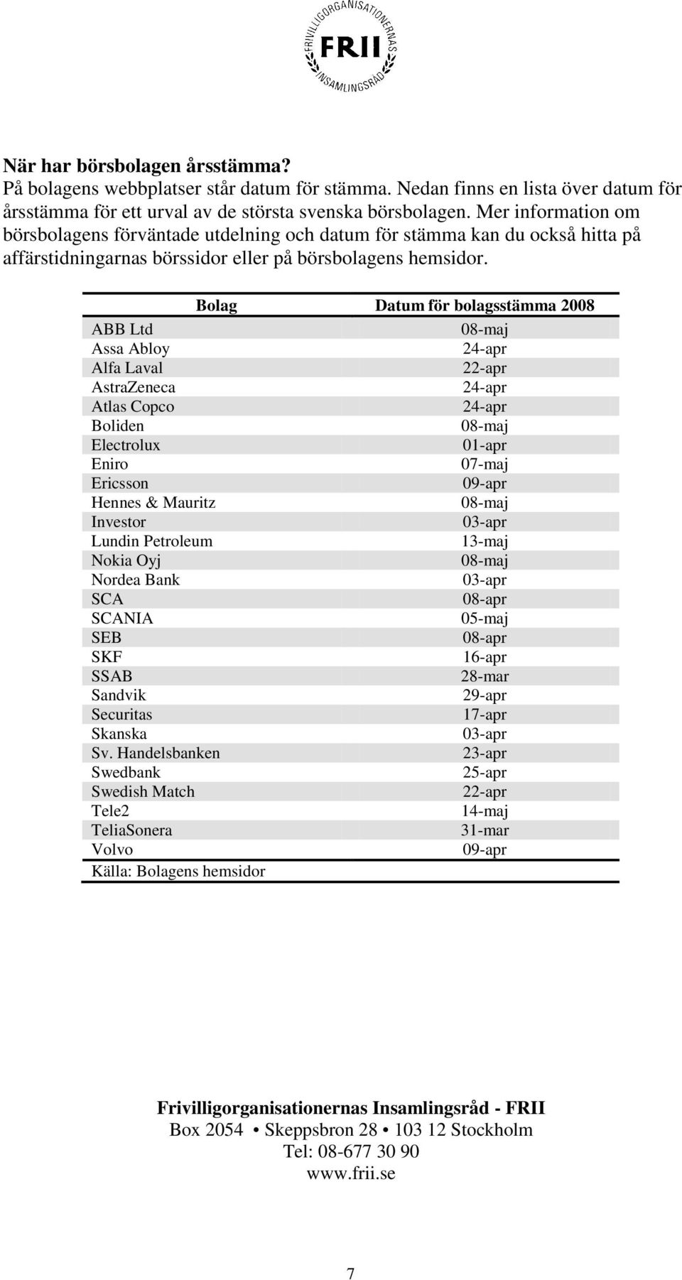 Bolag Datum för bolagsstämma 2008 ABB Ltd 08-maj Assa Abloy 24-apr Alfa Laval 22-apr AstraZeneca 24-apr Atlas Copco 24-apr Boliden 08-maj Electrolux 01-apr Eniro 07-maj Ericsson 09-apr Hennes &