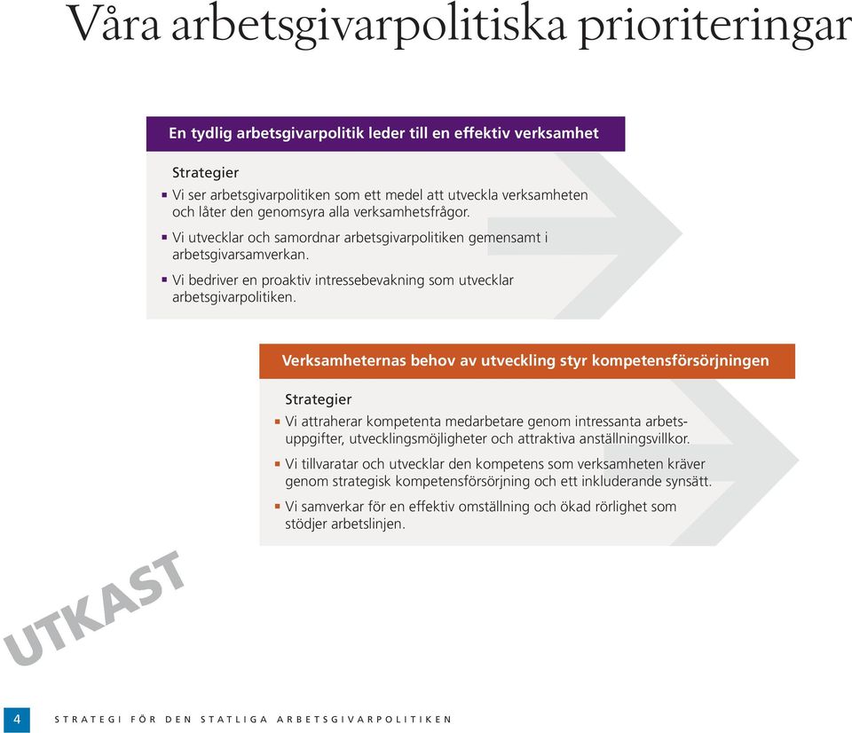 Verksamheternas behov av utveckling styr kompetensförsörjningen Strategier Vi attraherar kompetenta medarbetare genom intressanta arbetsuppgifter, utvecklingsmöjligheter och attraktiva