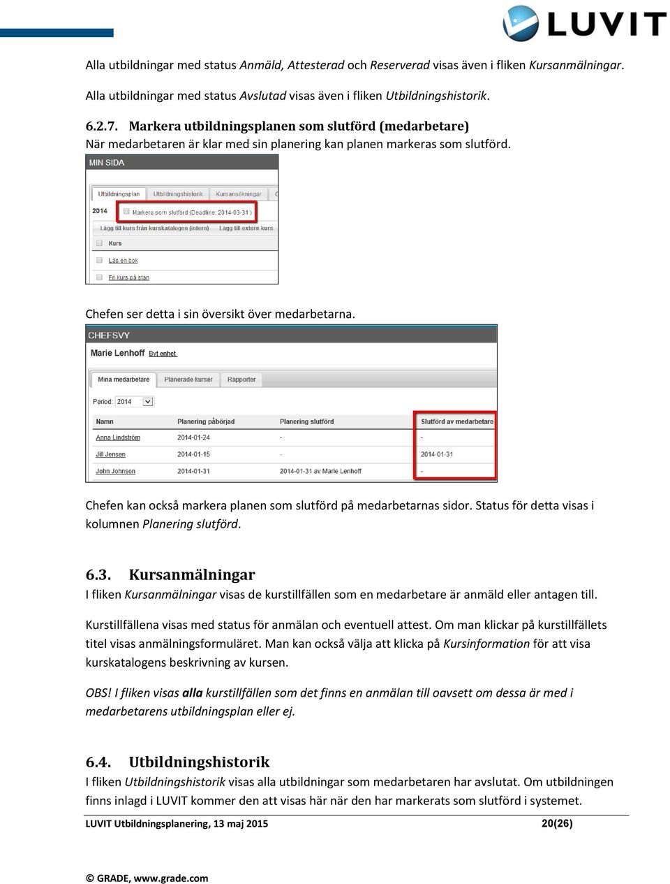 Chefen kan också markera planen som slutförd på medarbetarnas sidor. Status för detta visas i kolumnen Planering slutförd. 6.3.