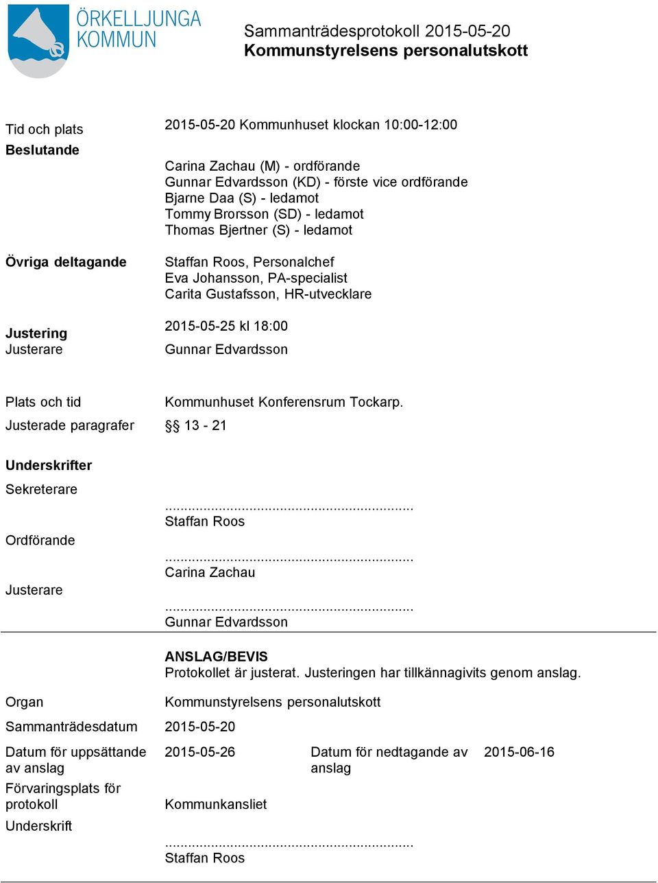 Edvardsson Plats och tid Justerade paragrafer 13-21 Kommunhuset Konferensrum Tockarp. Underskrifter Sekreterare Ordförande Justerare... Staffan Roos... Carina Zachau.