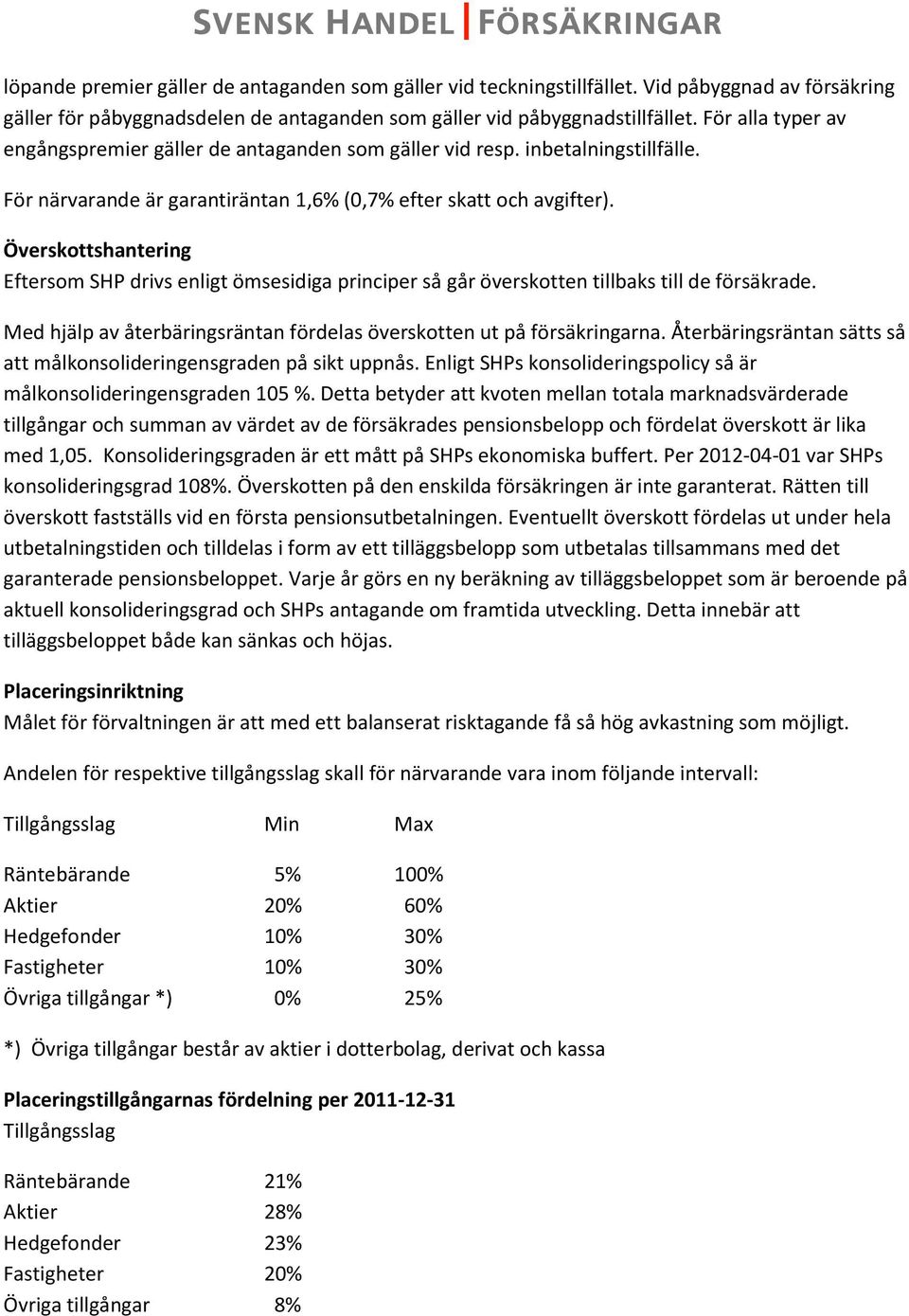 Överskottshantering Eftersom SHP drivs enligt ömsesidiga principer så går överskotten tillbaks till de försäkrade. Med hjälp av återbäringsräntan fördelas överskotten ut på försäkringarna.