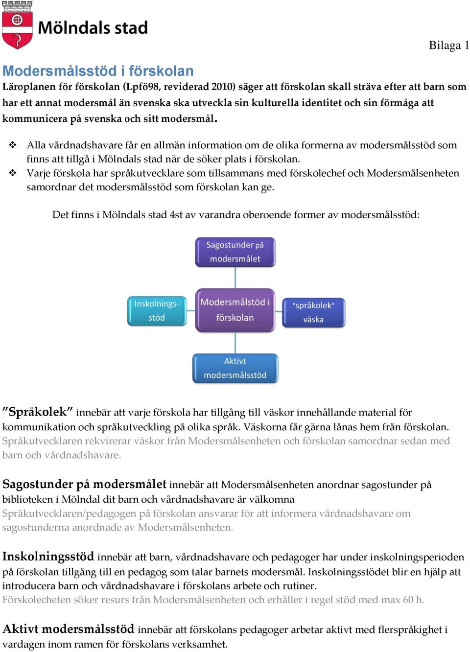 Alla vårdnadshavare får en allmän information om de olika formerna av modersmålsstöd som finns att tillgå i Mölndals stad när de söker plats i förskolan.