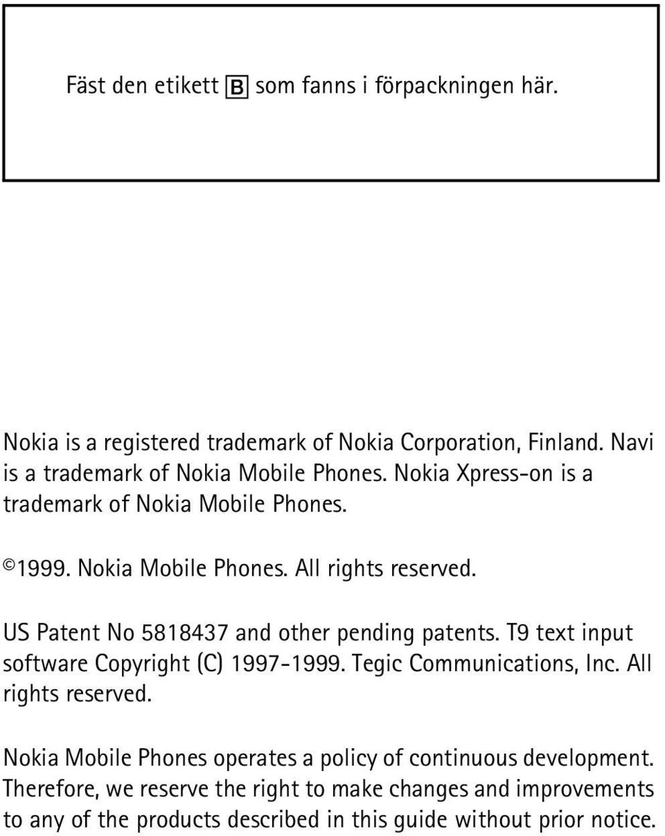 US Patent No 5818437 and other pending patents. T9 text input software Copyright (C) 1997-1999. Tegic Communications, Inc. All rights reserved.