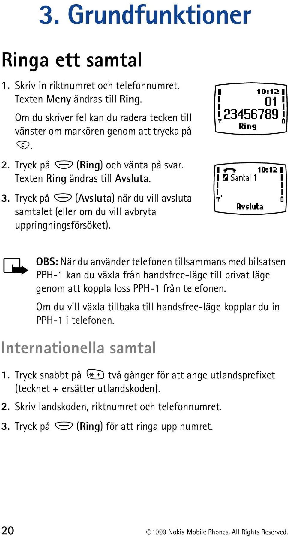 OBS: När du använder telefonen tillsammans med bilsatsen PPH-1 kan du växla från handsfree-läge till privat läge genom att koppla loss PPH-1 från telefonen.