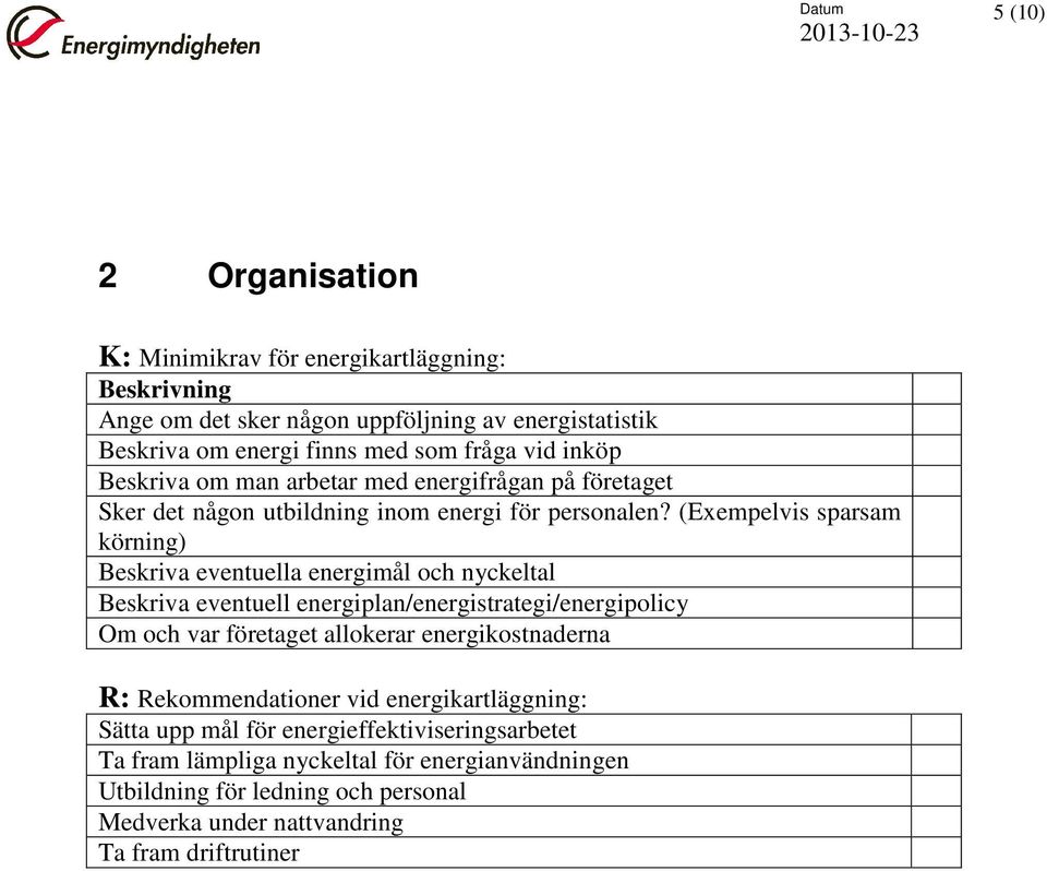 (Exempelvis sparsam körning) Beskriva eventuella energimål och nyckeltal Beskriva eventuell energiplan/energistrategi/energipolicy Om och var företaget allokerar