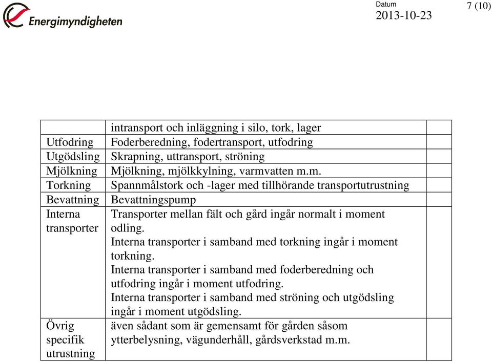 Interna transporter i samband med torkning ingår i moment torkning. Interna transporter i samband med foderberedning och utfodring ingår i moment utfodring.