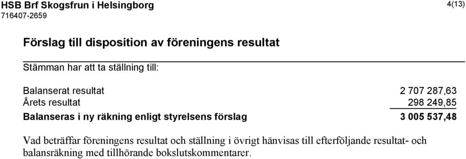 räkning enligt styrelsens förslag 3 005 537,48 Vad beträffar föreningens resultat och ställning i