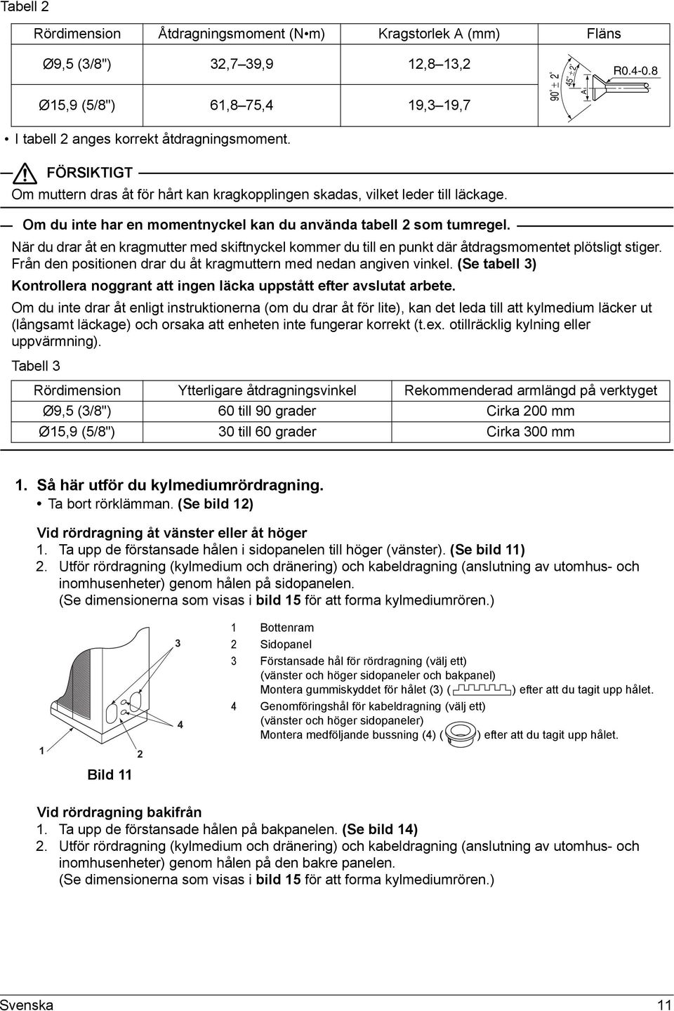 När du drar åt en kragmutter med skiftnyckel kommer du till en punkt där åtdragsmomentet plötsligt stiger. Från den positionen drar du åt kragmuttern med nedan angiven vinkel.