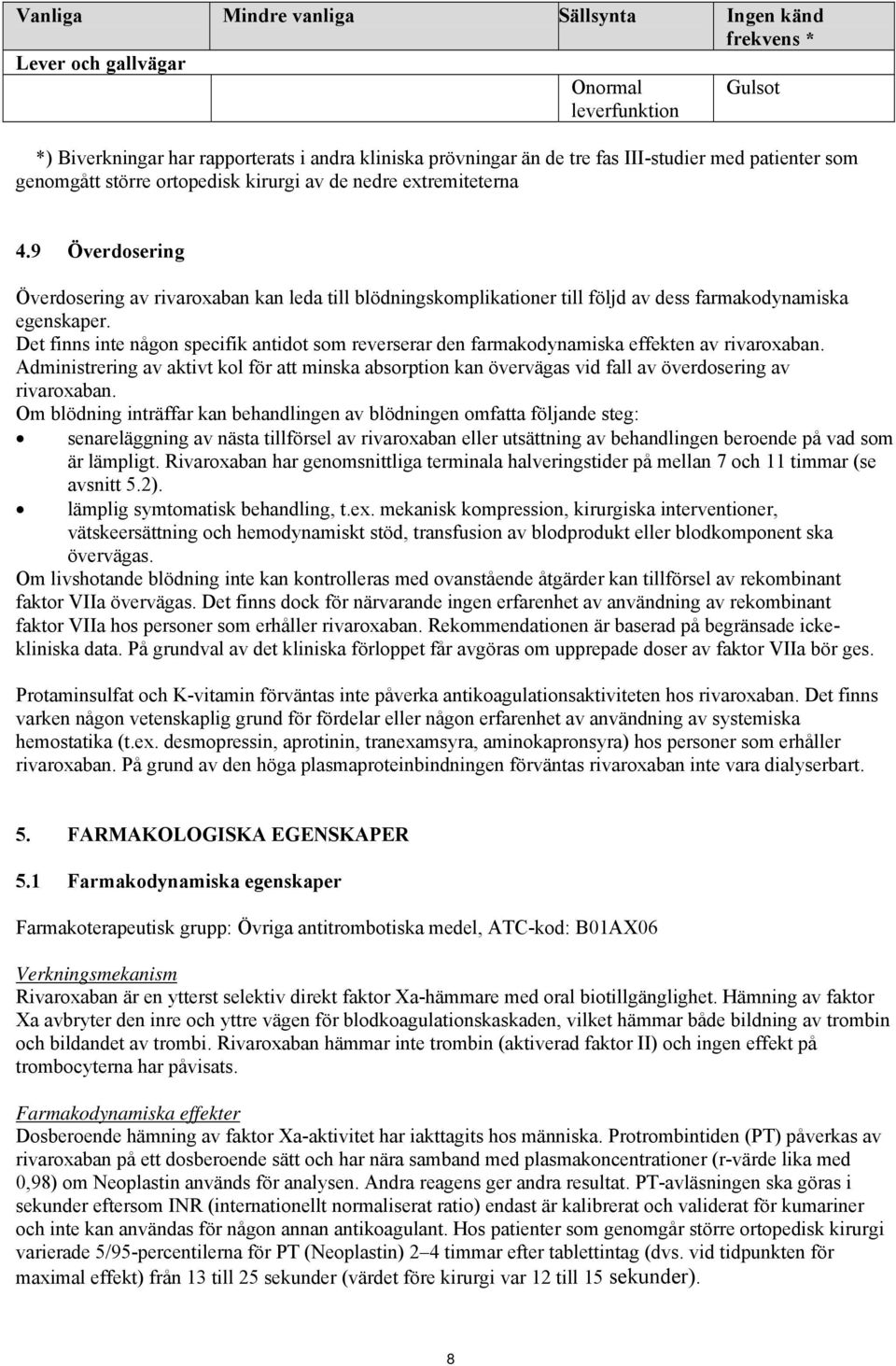 9 Överdosering Överdosering av rivaroxaban kan leda till blödningskomplikationer till följd av dess farmakodynamiska egenskaper.