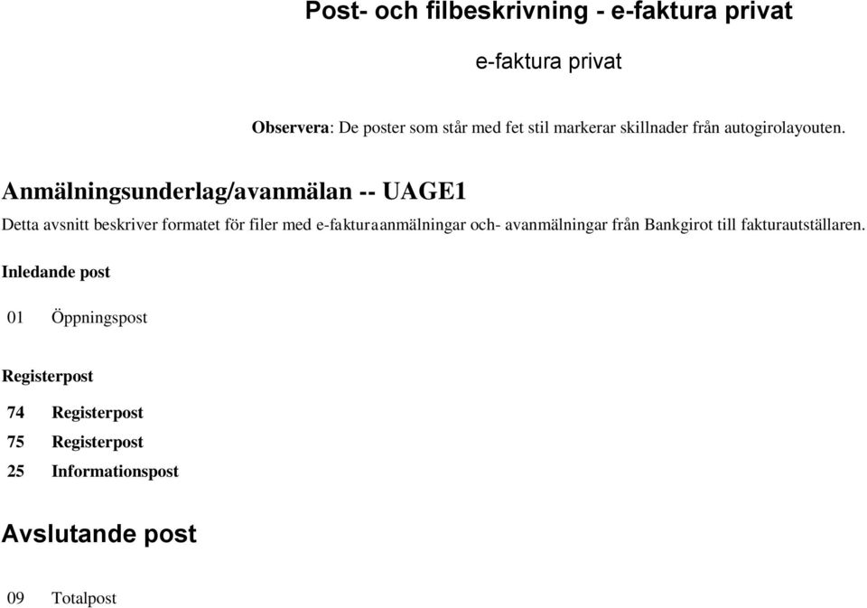 Anmälningsunderlag/avanmälan -- UAGE1 Detta avsnitt beskriver formatet för filer med e-fakturaanmälningar