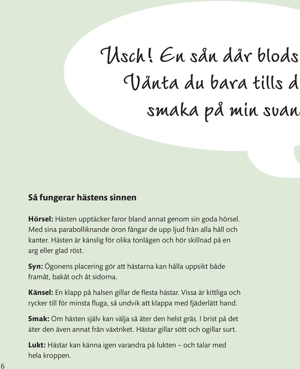 Syn: Ögonens placering gör att hästarna kan hålla uppsikt både framåt, bakåt och åt sidorna. Känsel: En klapp på halsen gillar de flesta hästar.