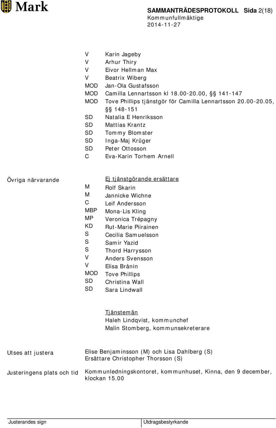 05, 148-151 SD Natalia E Henriksson SD Mattias Krantz SD Tommy Blomster SD Inga-Maj Krüger SD Peter Ottosson C Eva-Karin Torhem Arnell Övriga närvarande M M C MBP MP KD S S S V V MOD SD SD Ej