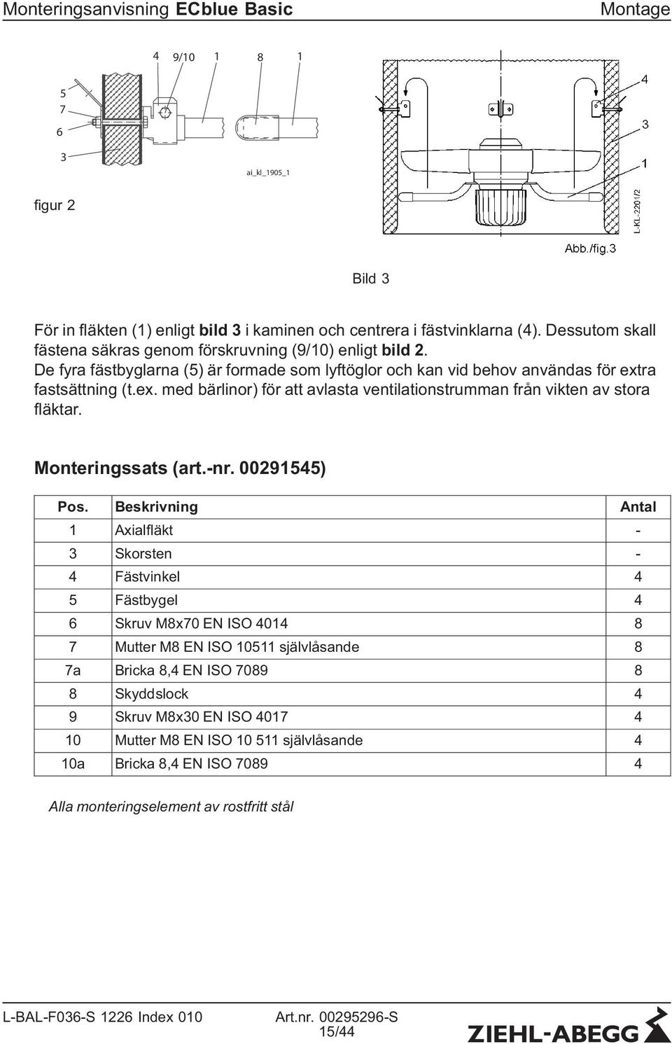 ra fastsättning (t.ex. med bärlinor) för att avlasta ventilationstrumman från vikten av stora fläktar. Monteringssats (art.-nr. 00291545) Pos.