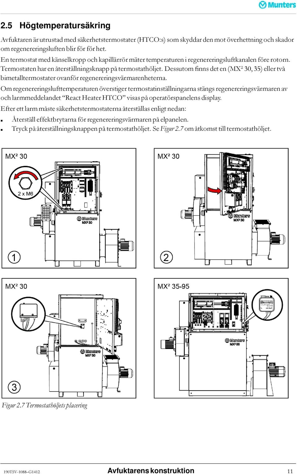 Dessutom finns det en (MX² 30, 35) eller två bimetalltermostater ovanför regenereringsvärmarenheterna.