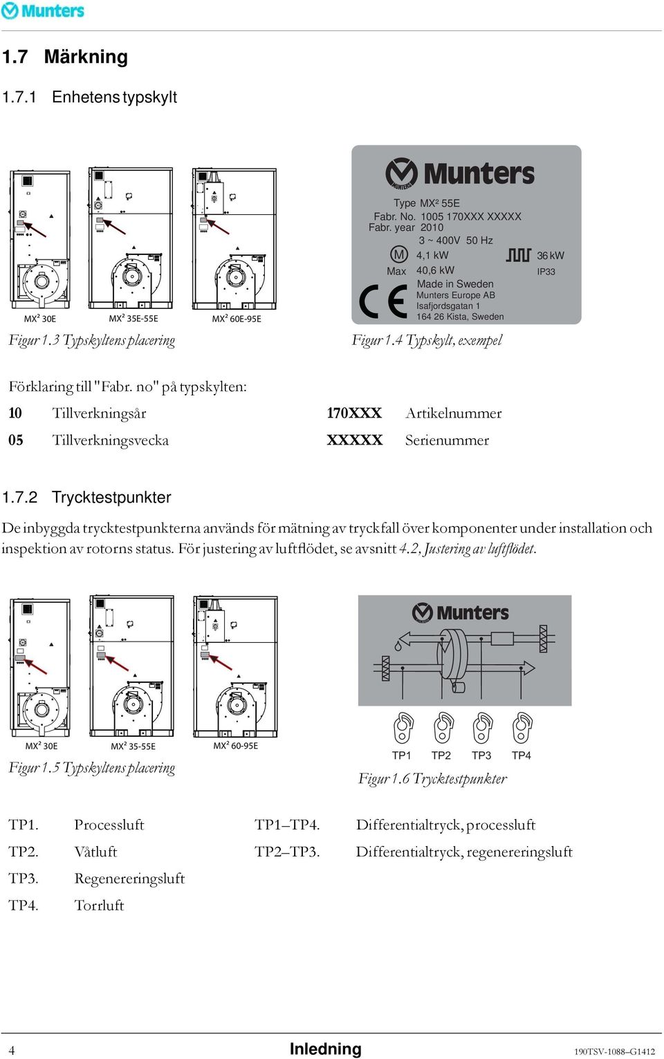 no" på typskylten: 10 Tillverkningsår 170XXX Artikelnummer 05 Tillverkningsvecka XXXXX Serienummer 1.7.2 Trycktestpunkter De inbyggda trycktestpunkterna används för mätning av tryckfall över komponenter under installation och inspektion av rotorns status.
