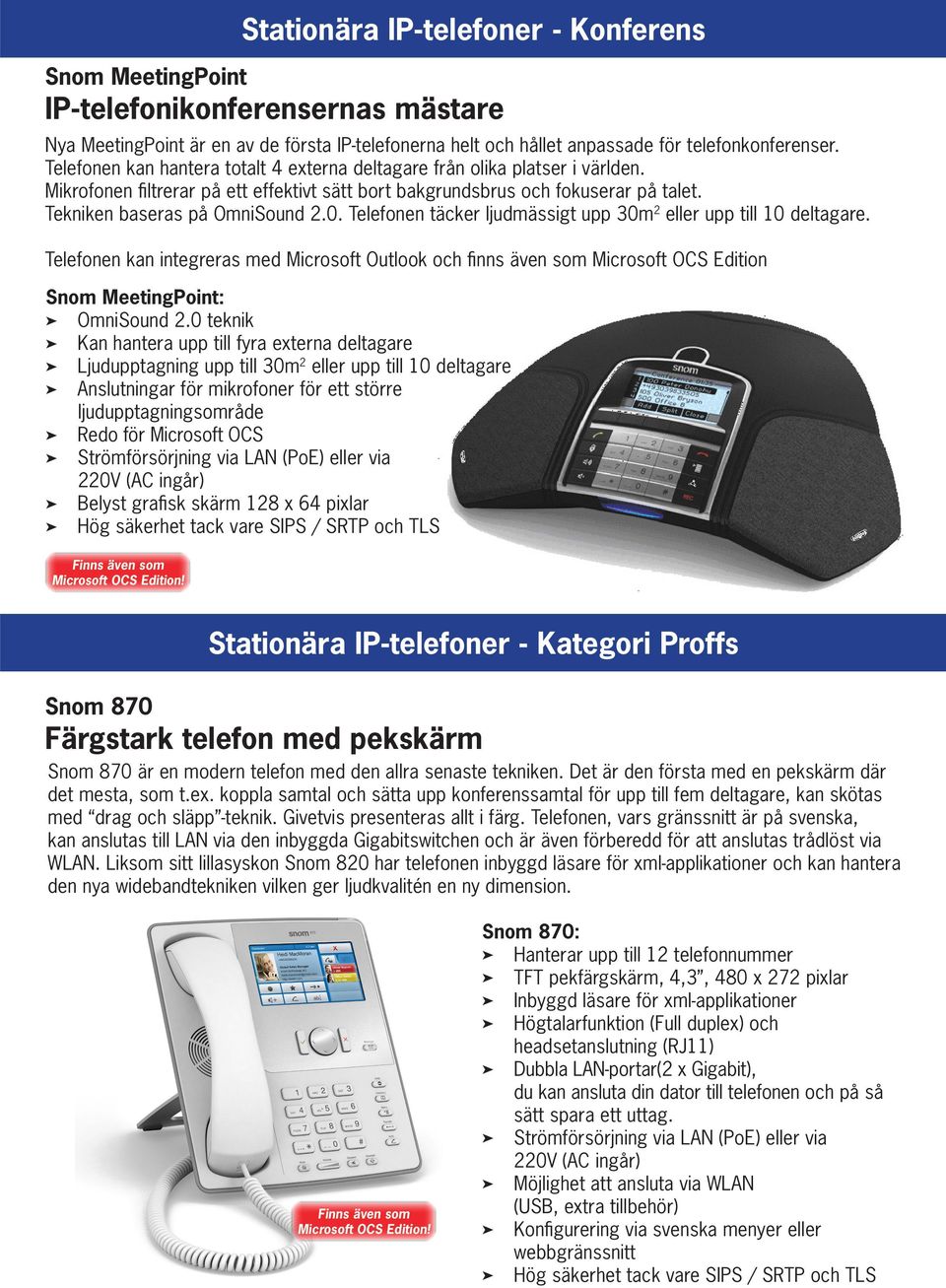 Telefonen täcker ljudmässigt upp 30m 2 eller upp till 10 deltagare. Telefonen kan integreras med Microsoft Outlook och finns även som Microsoft OCS Edition Snom MeetingPoint: OmniSound 2.