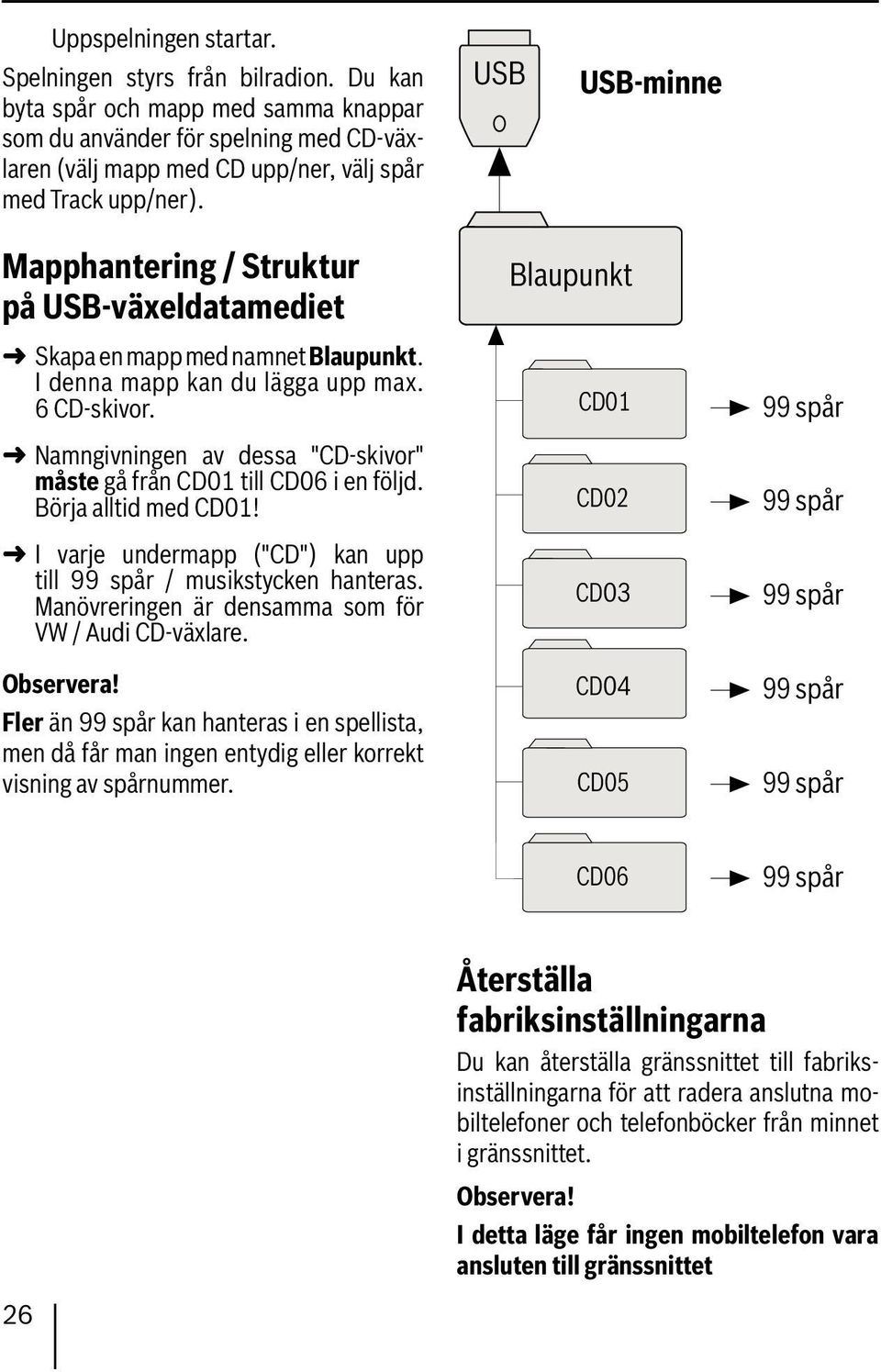 USB USB-minne Mapphantering / Struktur på USB-växeldatamediet Skapa en mapp med namnet Blaupunkt. I denna mapp kan du lägga upp max. 6 CD-skivor.