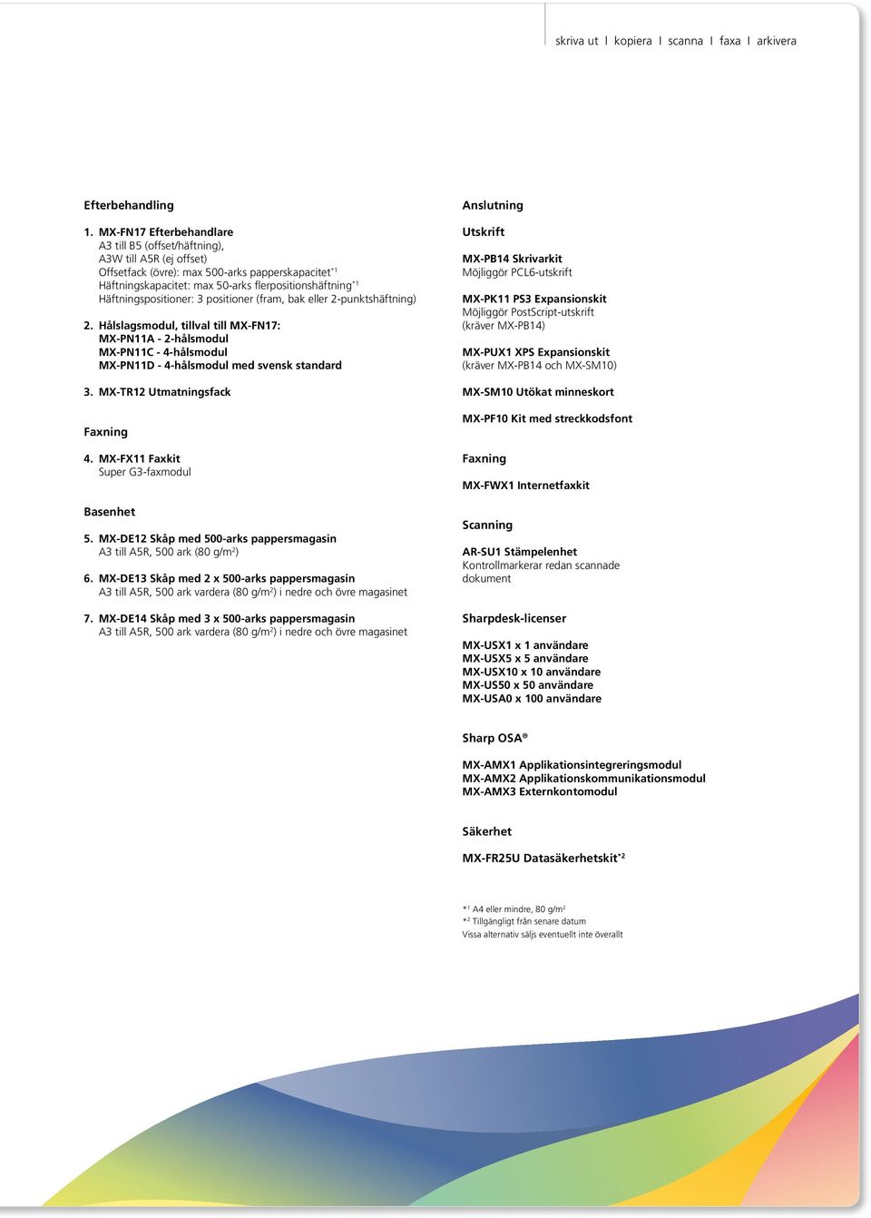 Häftningspositioner: 3 positioner (fram, bak eller 2-punktshäftning) 2. Hålslagsmodul, tillval till MX-FN17: MX-PN11A - 2-hålsmodul MX-PN11C - 4-hålsmodul MX-PN11D - 4-hålsmodul med svensk standard 3.