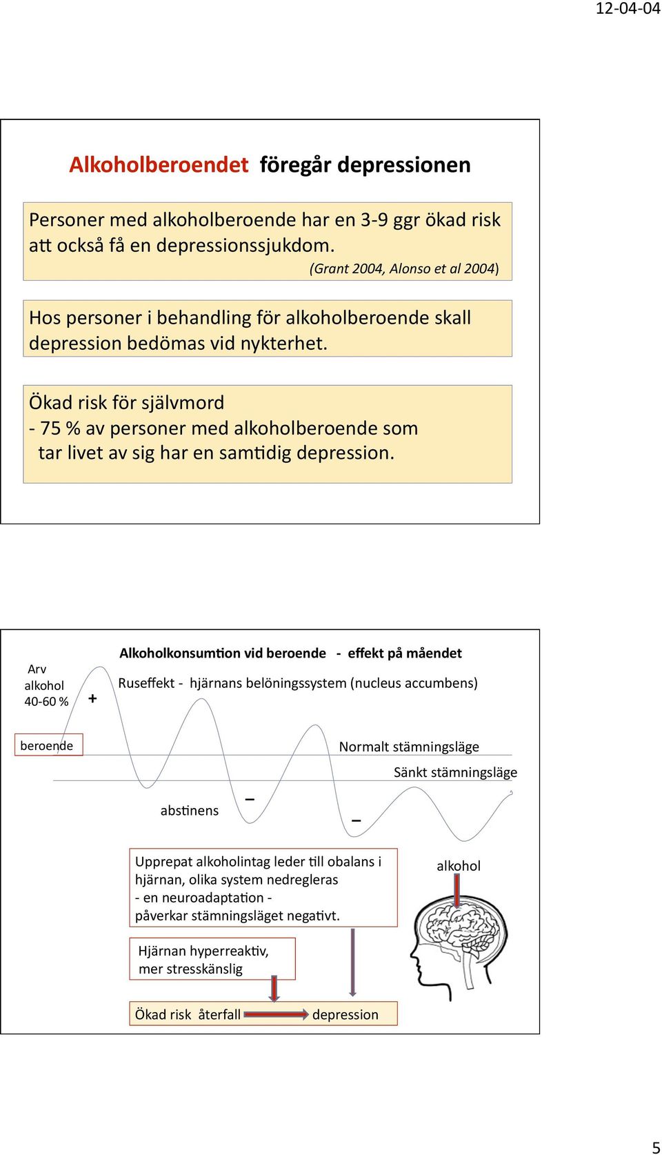 Ökad risk för självmord 75 % av personer med alkoholberoende som tar livet av sig har en sam=dig depression.