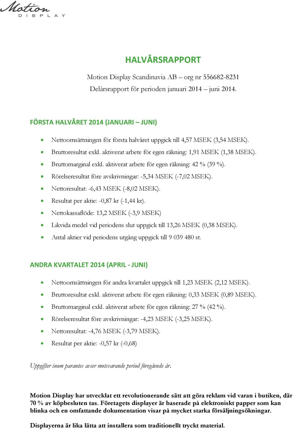 Bruttomarginal exkl. aktiverat arbete för egen räkning: 42 % (39 %). Rörelseresultat före avskrivningar: -5,34 MSEK (-7,02 MSEK). Nettoresultat: -6,43 MSEK (-8,02 MSEK).