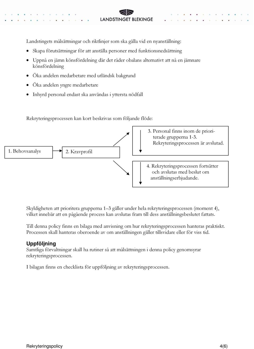 Rekryteringsprocessen kan kort beskrivas som följande flöde: 1. Behovsanalys 2. Kravprofil 3. Personal finns inom de prioriterade grupperna 1-3. Rekryteringsprocessen är avslutad. 4.