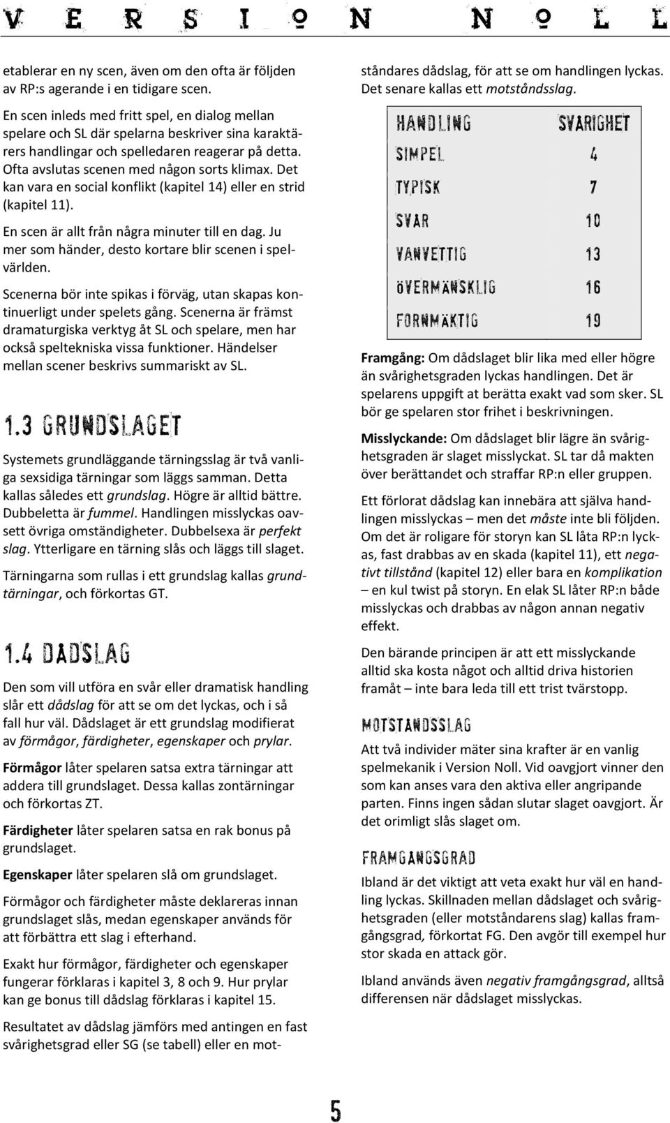 Det kan vara en social konflikt (kapitel 14) eller en strid (kapitel 11). En scen är allt från några minuter till en dag. Ju mer som händer, desto kortare blir scenen i spelvärlden.