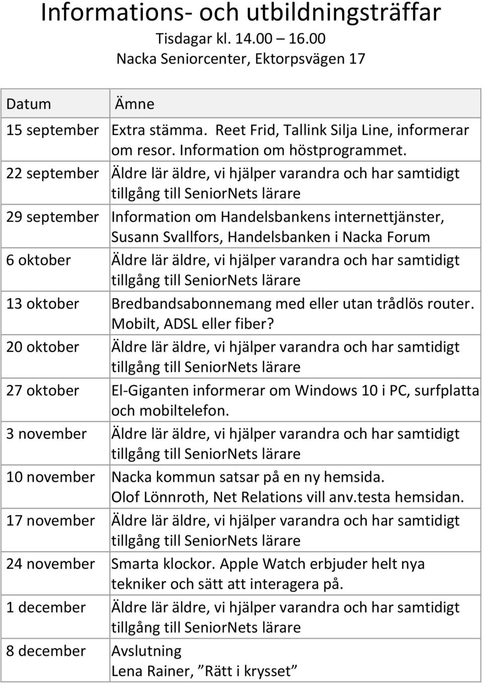 22 september Äldre lär äldre, vi hjälper varandra och har samtidigt 29 september Information om Handelsbankens internettjänster, Susann Svallfors, Handelsbanken i Nacka Forum 6 oktober Äldre lär