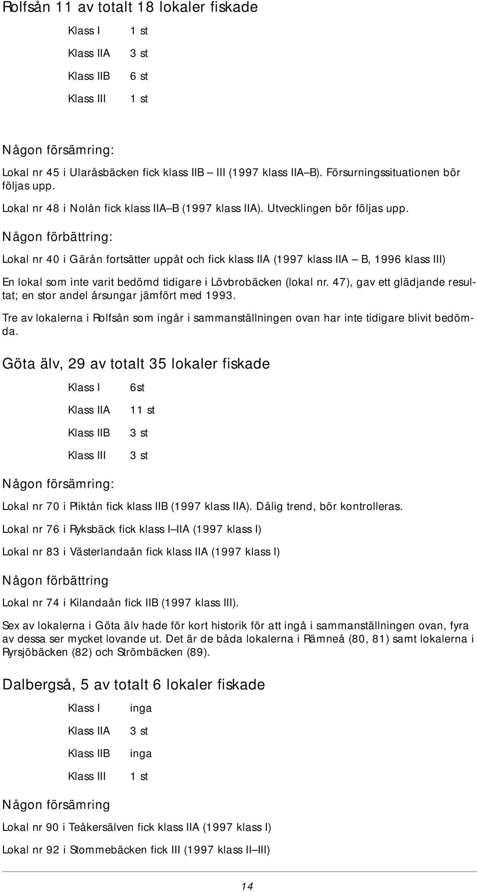 Någon förbättring: Lo kal nr 4 i Gä rån fort sät ter upp åt och fick klass IIA (1997 klass IIA B, 1996 klass III) En lo kal som inte va rit be dömd ti di ga re i Lövb ro bäck en (lo kal nr.