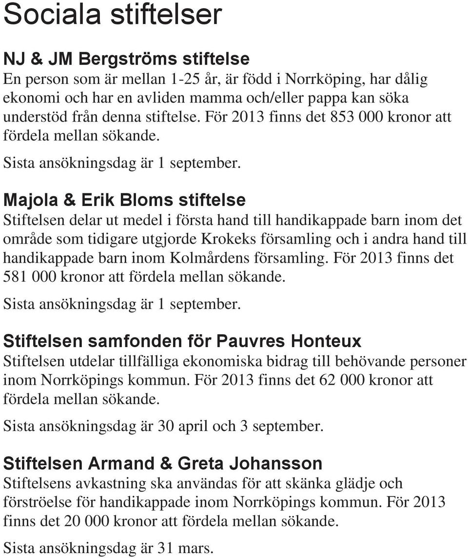 För 2013 finns det 853 000 kronor att Majola & Erik Bloms stiftelse Stiftelsen delar ut medel i första hand till handikappade barn inom det område som tidigare utgjorde Krokeks församling och i andra