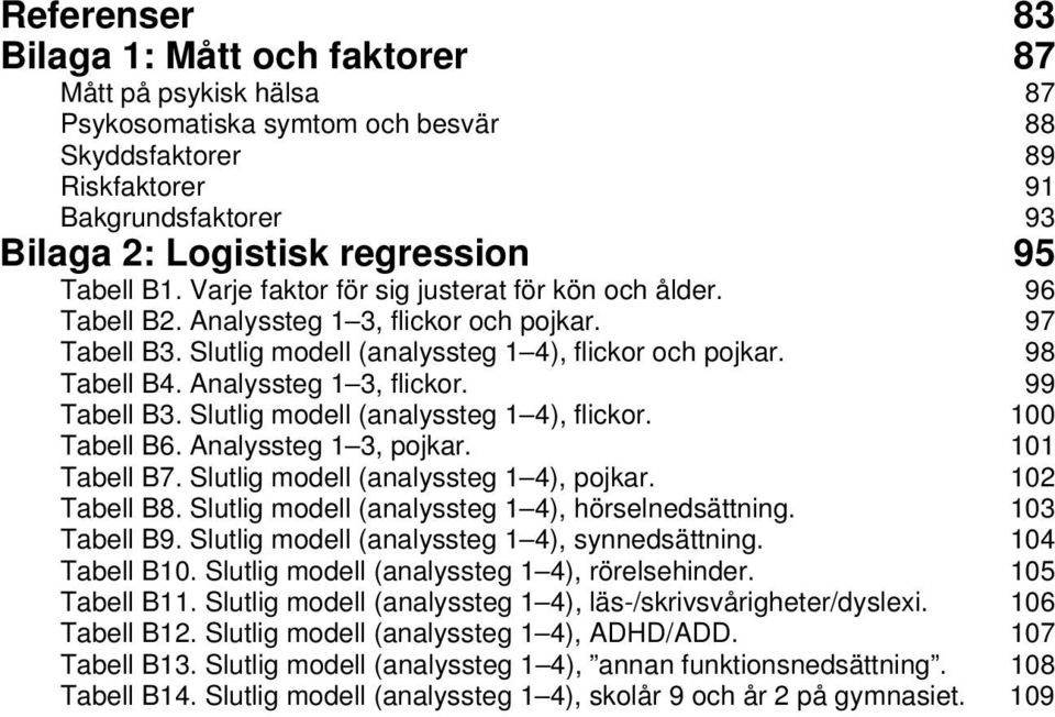 Analyssteg 1 3, flickor. 99 Tabell B3. Slutlig modell (analyssteg 1 4), flickor. 100 Tabell B6. Analyssteg 1 3, pojkar. 101 Tabell B7. Slutlig modell (analyssteg 1 4), pojkar. 102 Tabell B8.