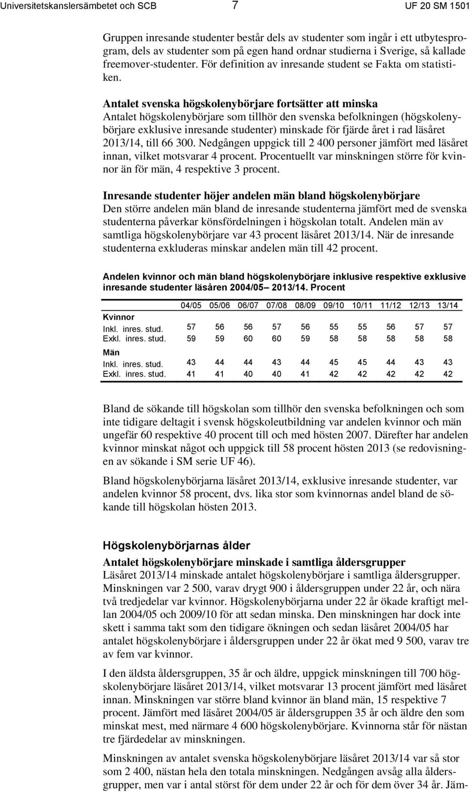 Antalet svenska högskolenybörjare fortsätter att minska Antalet högskolenybörjare som tillhör den svenska befolkningen (högskolenybörjare exklusive inresande studenter) minskade för fjärde året i rad