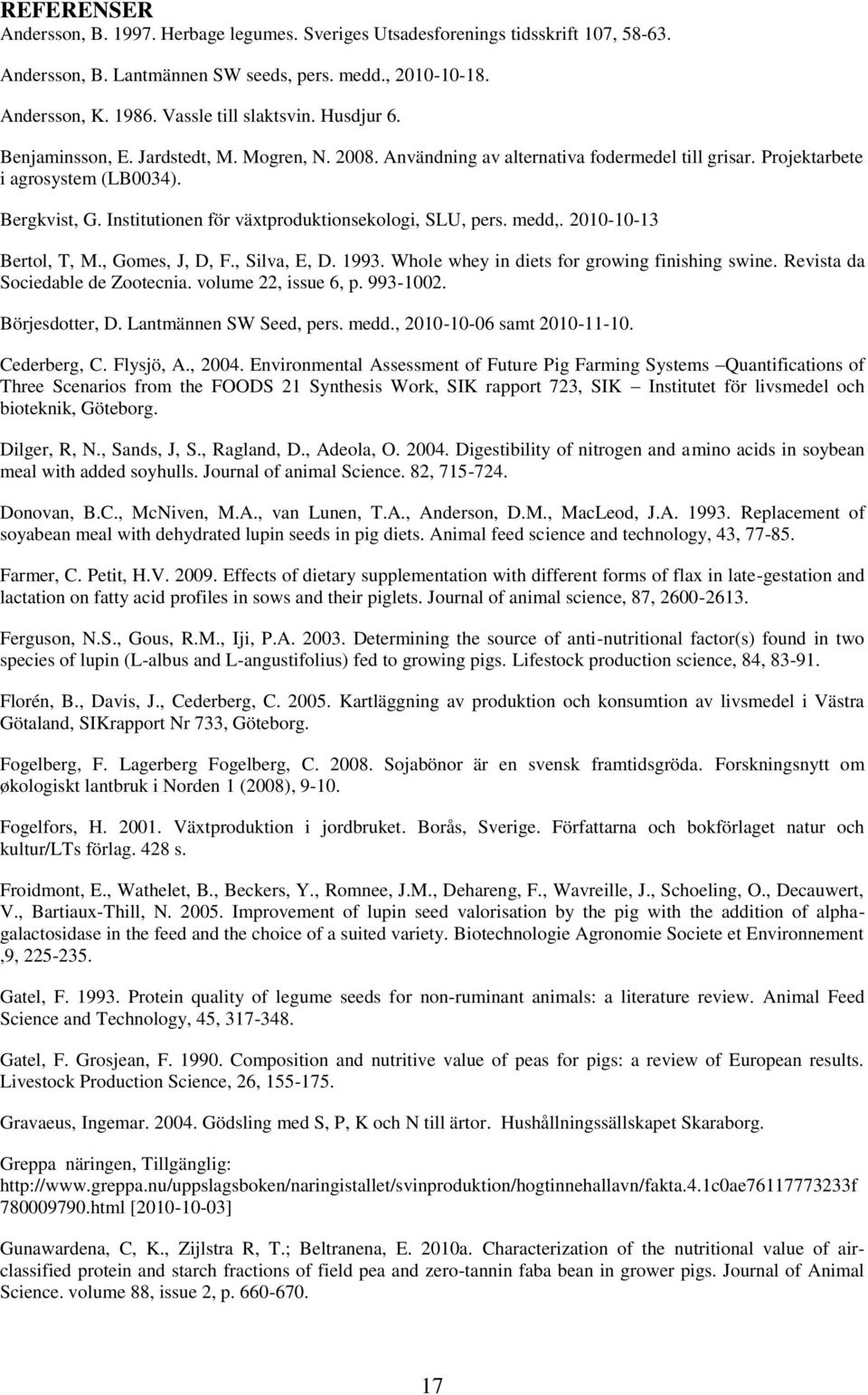 Institutionen för växtproduktionsekologi, SLU, pers. medd,. 2010-10-13 Bertol, T, M., Gomes, J, D, F., Silva, E, D. 1993. Whole whey in diets for growing finishing swine.