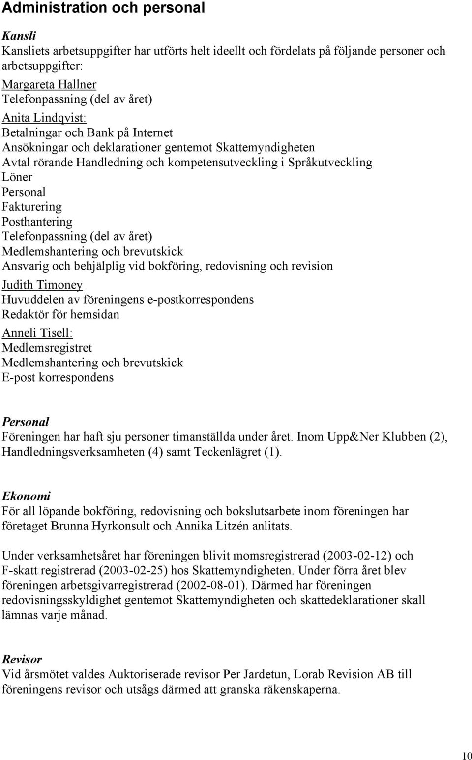 Posthantering Telefonpassning (del av året) Medlemshantering och brevutskick Ansvarig och behjälplig vid bokföring, redovisning och revision Judith Timoney Huvuddelen av föreningens