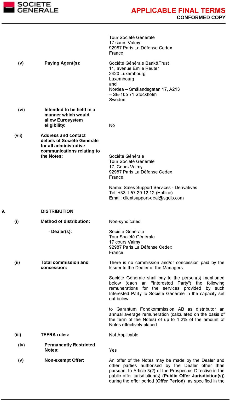 communications relating to the Notes: No Société Générale Tour Société Générale 17, Cours Valmy 92987 Paris La Défense Cedex France Name: Sales Support Services - Derivatives Tel: +33 1 57 29 12 12