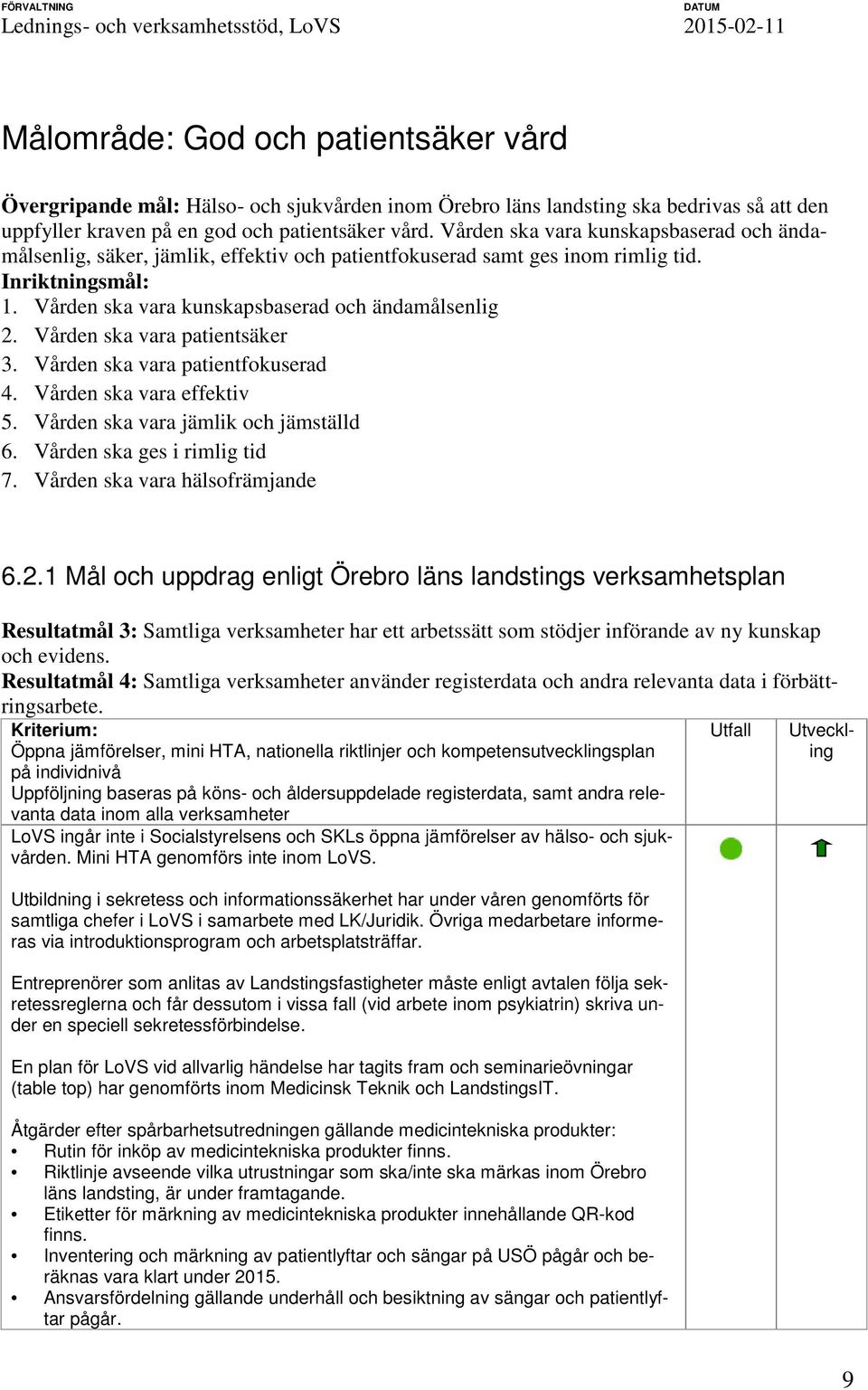 Vården ska vara patientsäker 3. Vården ska vara patientfokuserad 4. Vården ska vara effektiv 5. Vården ska vara jämlik och jämställd 6. Vården ska ges i rimlig tid 7. Vården ska vara hälsofrämjande 6.